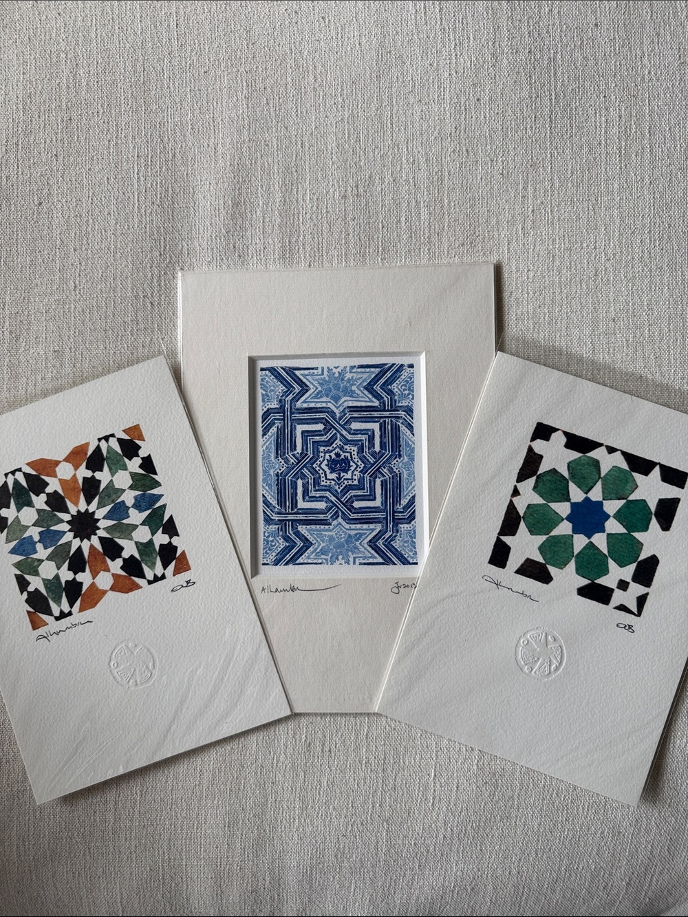 Handmade Geometric Tile Art Print - Blue, Green, Brown Set